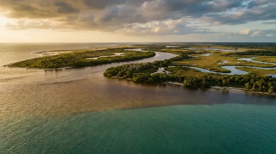 A central Florida river mouth opening onto coastal flats at golden hour.