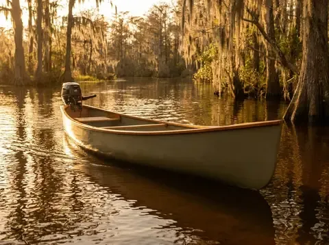 A narrow shallow-draft Gheenoe-style skiff with a small outboard on tannic freshwater at golden hour.