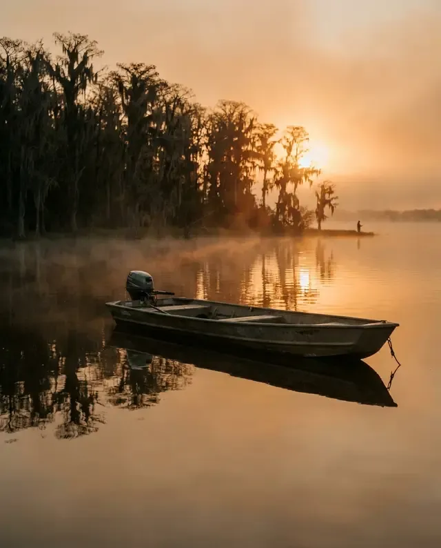 A shallow-draft skiff at rest on glassy Lake Monroe at sunrise, mist rising against the cypress banks.
