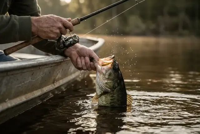 A largemouth bass lifted boatside over dark freshwater at first light.